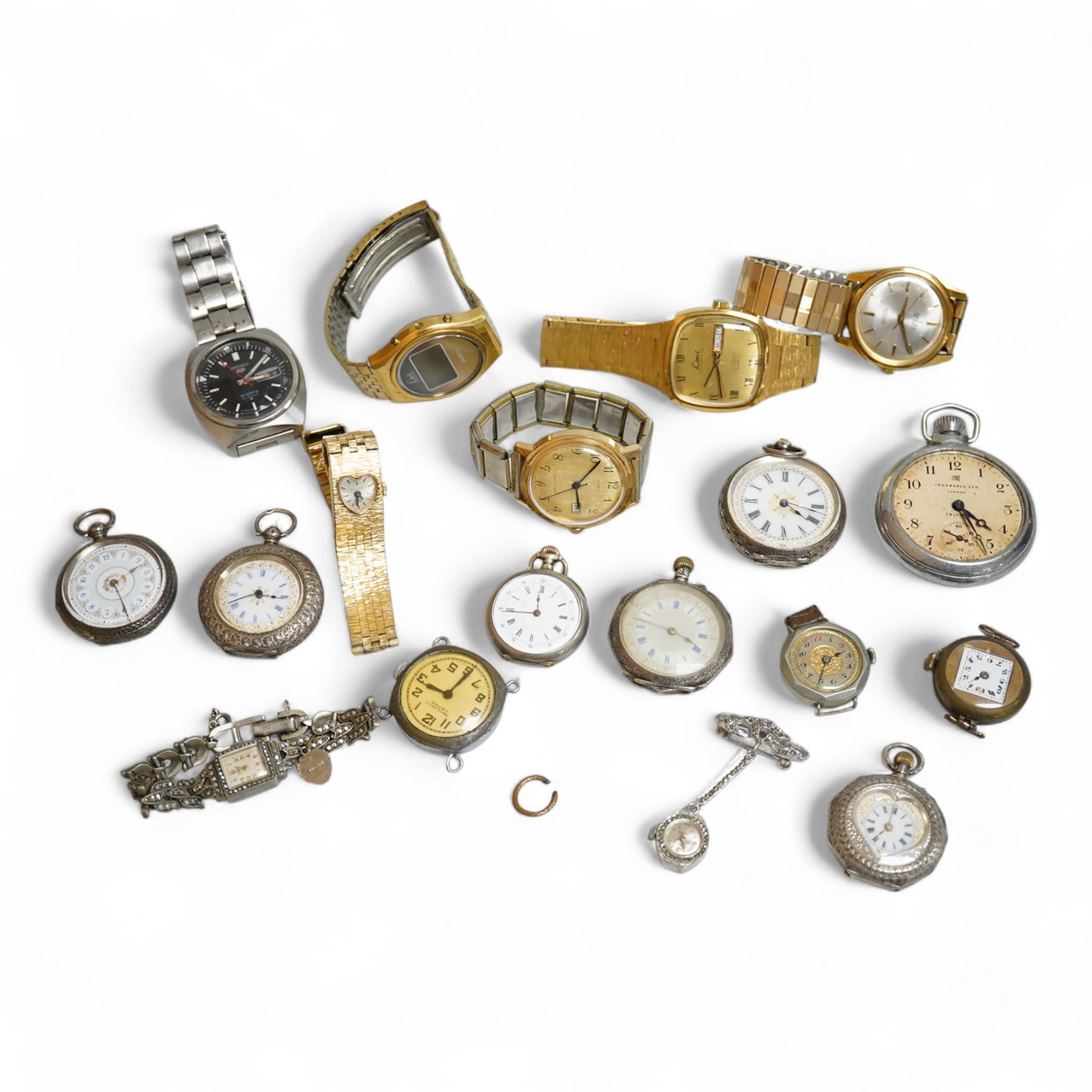 A lady's Edwardian silver and enamel fob watch, with Roman dial and heart shaped orifice, one other silver fob watch and four other white metal fob watches, together with a chrome cased Ingersoll pocket watch and eleven